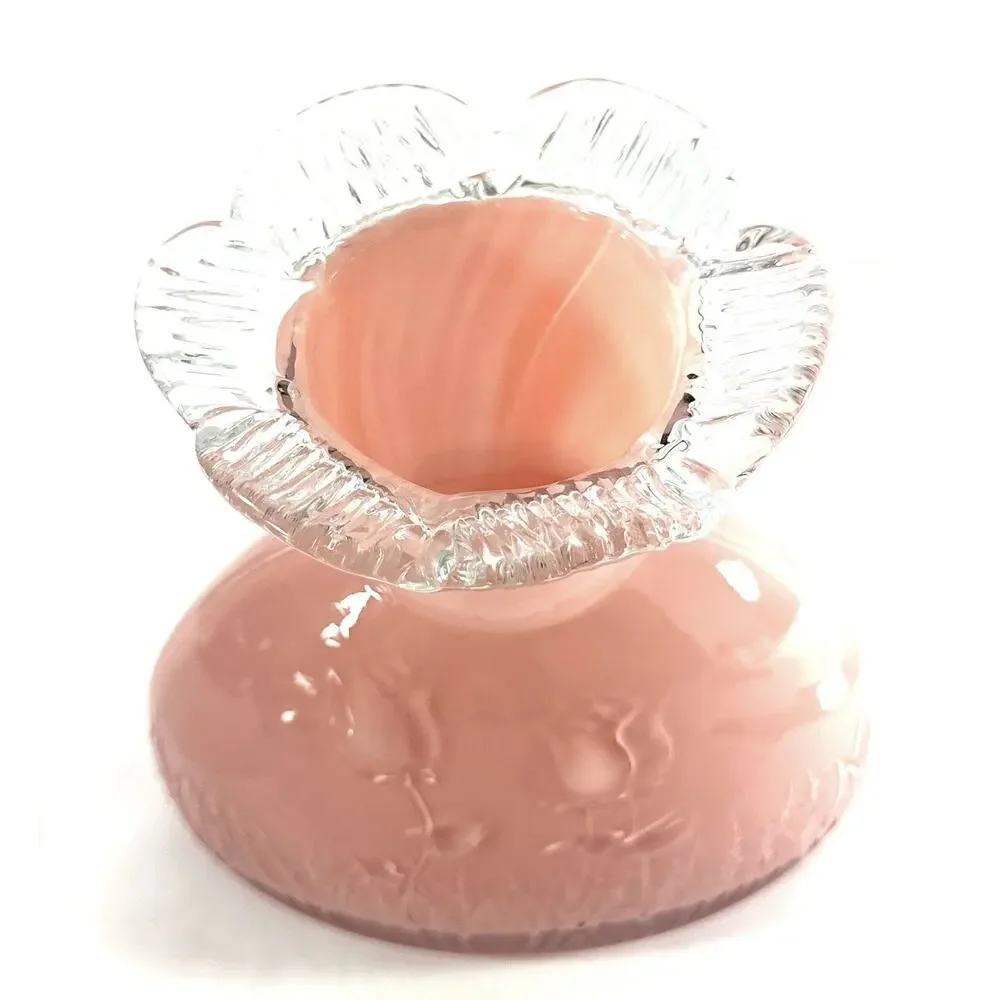 Vintage Pink Satin Glass Vase Embossed Floral Clear Ruffled Rim 7.5” Art Glass